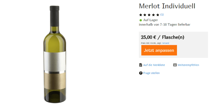 Die Produktseite für eine personalisierbare Weinflasche