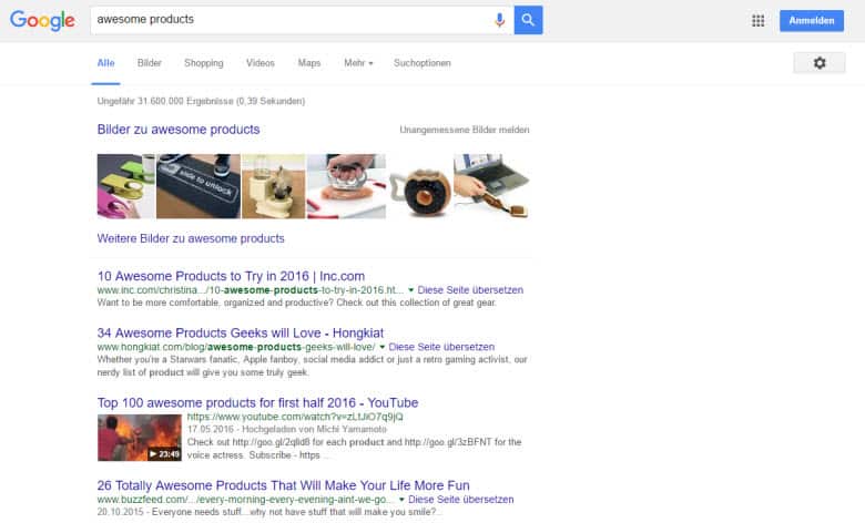 Produktideen in der Google-Suche "Awesome products"
