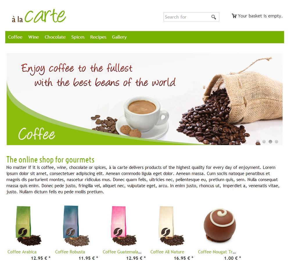 The home page of an online shop with a large themed image