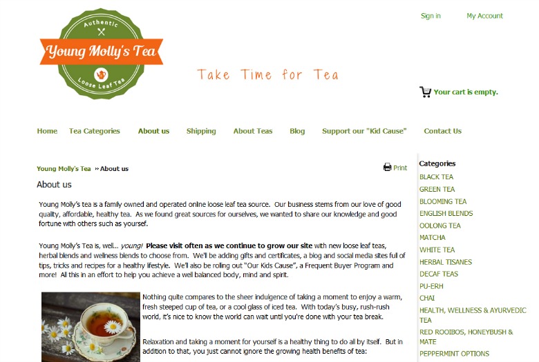 The “About us” page of Young Molly’s Tea