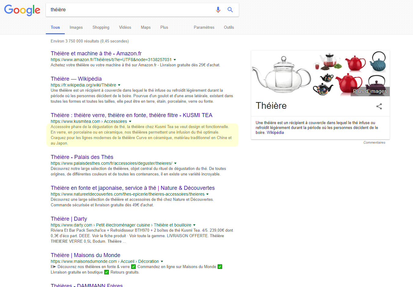 google, resultats, mots clés, théière, méta description