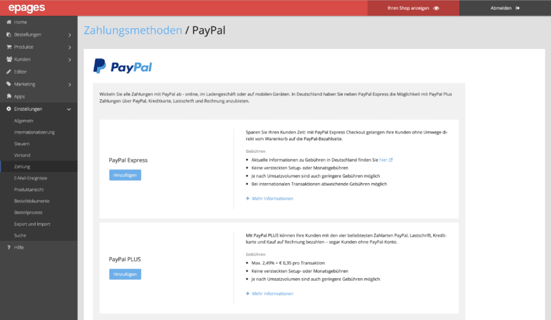 PayPal PLUS als Zahlungsdienstleistung im Shop hinzufügen