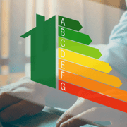 Energy label in front of laptop