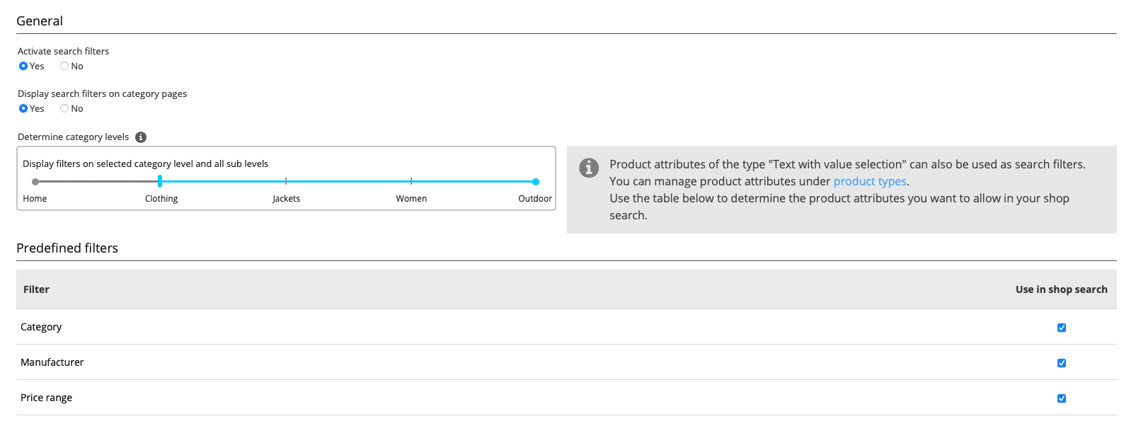 Filter search with various options in the administration area