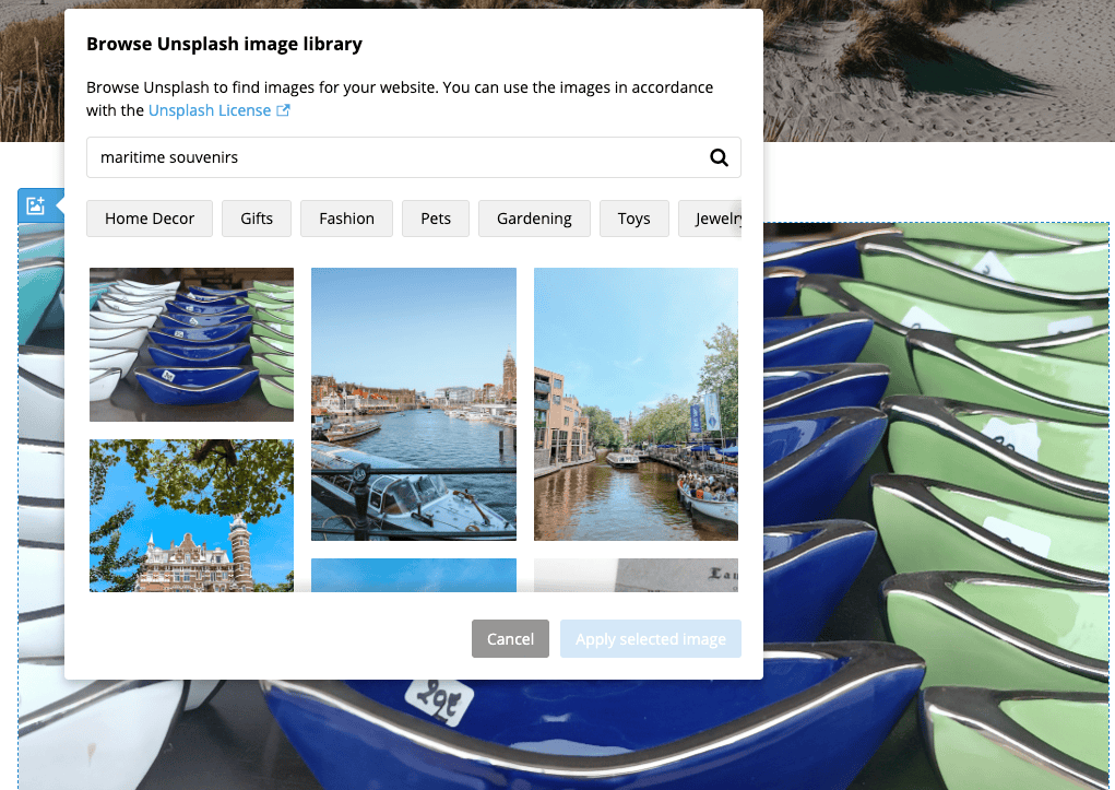 Image element with open editing bar and Unsplash pop-up, which allows you to search the image library and insert images into the content element.