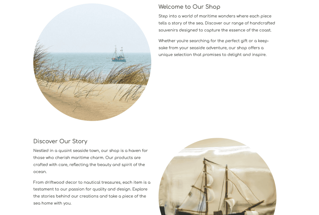 Two content elements with round images of seaside scenes, arranged one below the other, one "image and text" (image on the left, text on the right) and "text and image" (image on the left, text on the right).