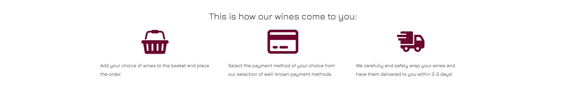 Example of using the content element "Icon with text", showing three icons in a row: a shopping basket with text about the ordering process, a credit card with text about payment information, and a fast-moving truck with information that the wines are lovingly packaged and shipped within 2-3 days.