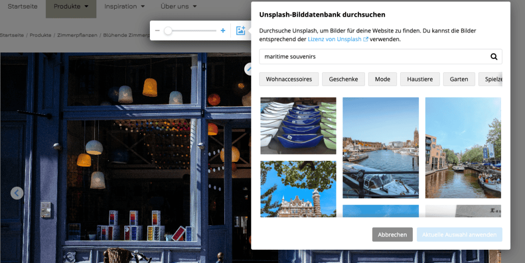 Bildelement mit geöffneter Bearbeitungsleiste und Unsplash-Pop-Up, das es erlaubt, die Bilddatenbank zu durchsuchen und Bilder in das Inhaltselement einzufügen.