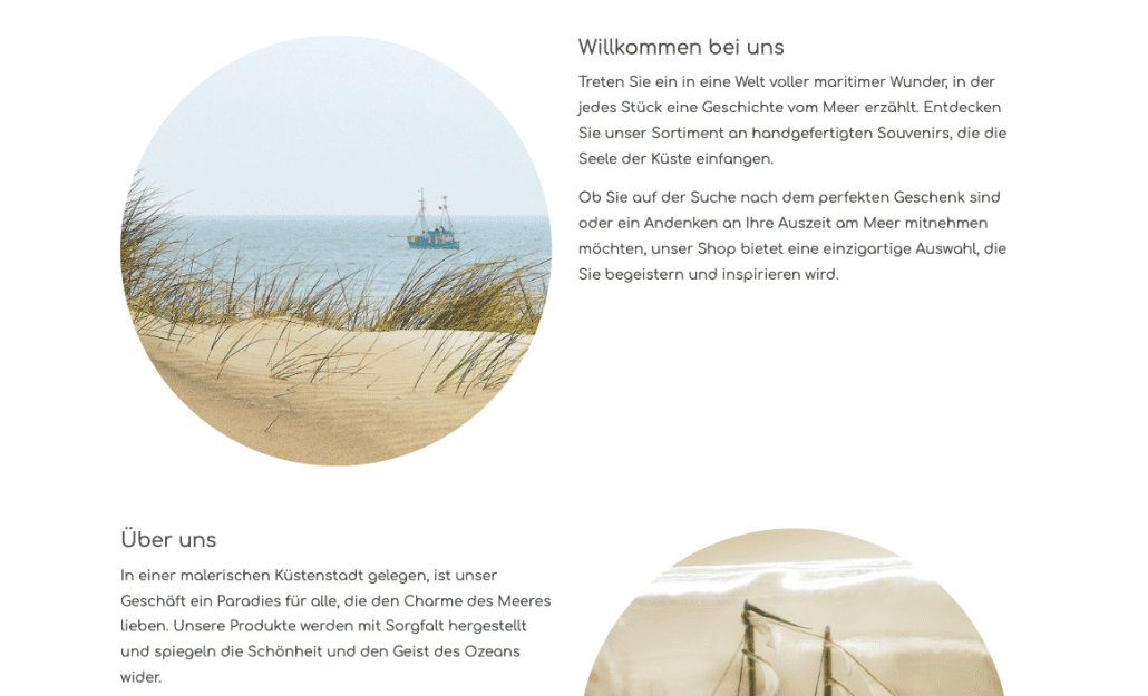 Zwei Inhaltselemente, die untereinander angeordnet sind, einmal "Bild und Text" (Bild links, Text rechts) und "Text und Bild" (Text links, Bild rechts) mit runden Bildern maritimer Szenen.