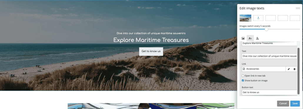 Content element "Image slider" with image of a beach scene and an open editing panel in which the "Edit image texts" tab is open and a headline ("Explore Maritime Treasures"), text ("Dive into our collection of unique maritime souvenirs") and a call-to-action button that reads "Get to know us" are entered as examples, which are displayed on the image.