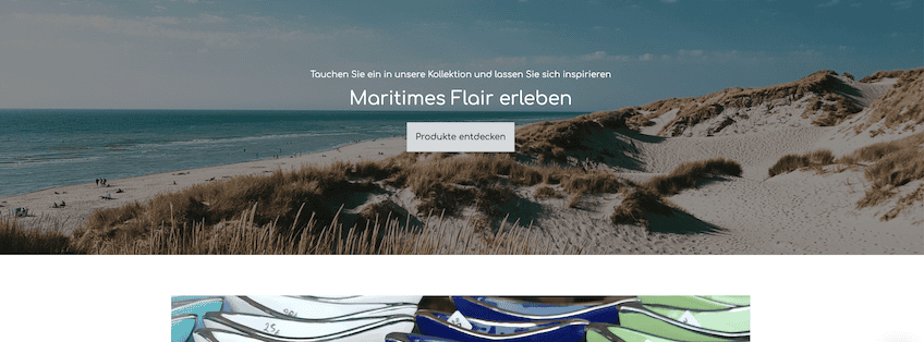 Bild vom oberen Teil eines Onlineshops mit einem großformatigen Bild von einer Strandszene und Überschrift: Maritimes Flair erleben.