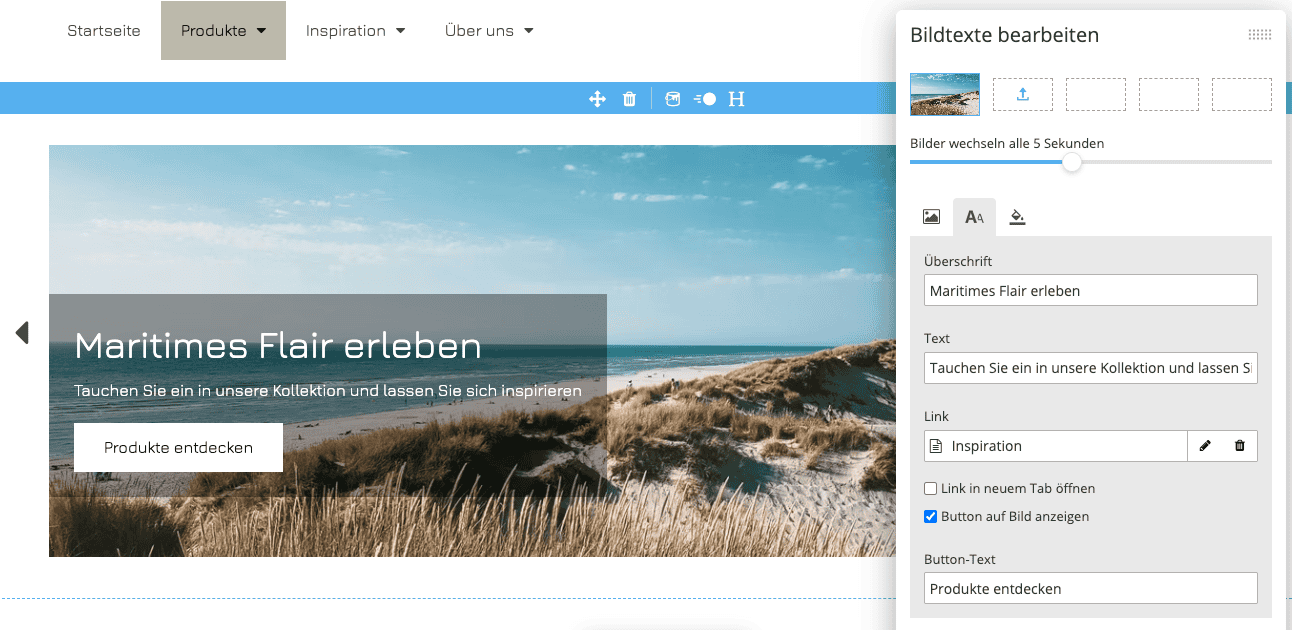 Inhaltselement "Image-Slider" mit Bild von einer Strandszene sowie einem geöffneten Bearbeitungspanel, in dem der Tab "Bildtexte bearbeiten" geöffnet ist und beispielhaft eine Überschrift sowie ein Text eingetragen ist, die auf dem Bild angezeigt werden.