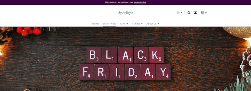 Home page that clearly displays the "Black Friday" category as the first page in the main menu. Below that is a large image showing the words "Black Friday" spelled out in purple Scrabble tiles.