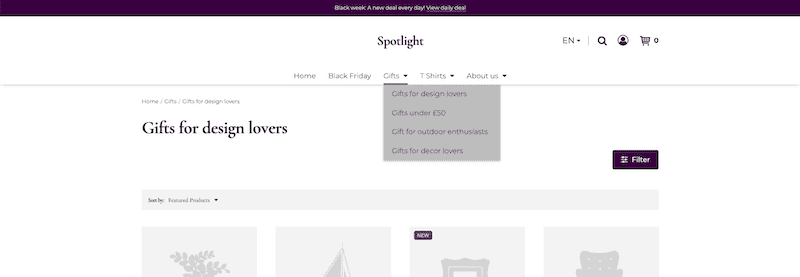 Category page with expanded submenu showing gift categories: Gifts for design lovers, Gifts under £50, Gifts for outdoor enthusiasts, Gifts for decor lovers.