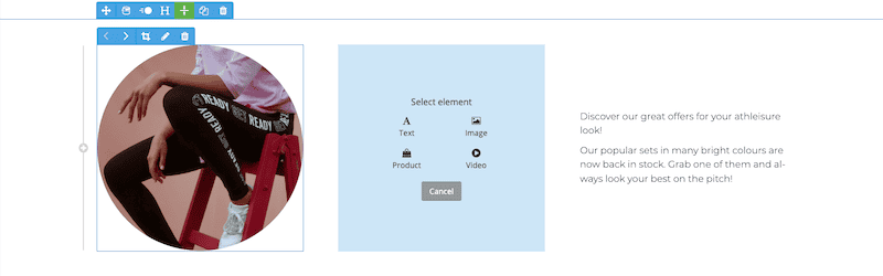 Content element "Image and text" showing the new flexible elements. On the left is a round image of a woman in a training outfit. Above the image is the blue toolbar for editing the image. Above the entire content element is a blue toolbar with options for background colour, animations, heading, duplicating and deleting, and – now new – aligning elements to the center. Between the image and text is a blue box that can be used to add additional elements: text, image, product or video. On the right is a descriptive text.