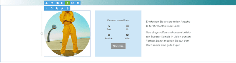 Inhaltselement "Bild und Text", das die neuen flexiblen Elemente zeigt. Links ein rundes Bild von einer Frau in einem gelben Jogginganzug. Oberhalb des Bildes die blaue Werkzeugleiste zum Bearbeiten des Bildes. Oberhalb des gesamten Inhaltselements eine blaue Werkzeugleiste, mit den Optionen für Hintergrundfarbe, Animationen, Überschrift, Duplizieren und Löschen und - jetzt neu - Zentrierung der Elemente. Zwischen Bild und Text ein blauer Kasten, mit dem zusätzliche Elemente hinzugefügt werden können: Text, Bild, Produkt oder Video. Rechts ein beschreibender Text.
