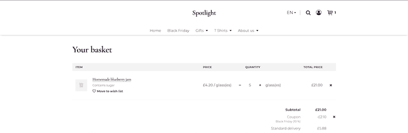 View of a shopping basket with one item and a redeemed coupon code "Black Friday (10%)".