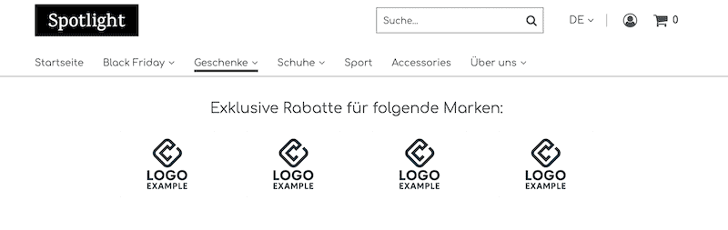 Beispielbild einer Logo-Galerie, die im oberen Bereich eines Onlineshops, direkt unter dem Menü, platziert ist. 5 Beispiel-Logos nebeneinander mit der Überschrift: "Exklusive Rabatte für folgende Marken:"