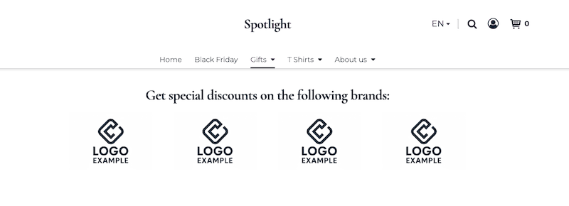Logo gallery at the top of a shop. Headline: "Get special discounts on the following brands", followed by four sample logos of the same size, presented side by side in a gallery view.