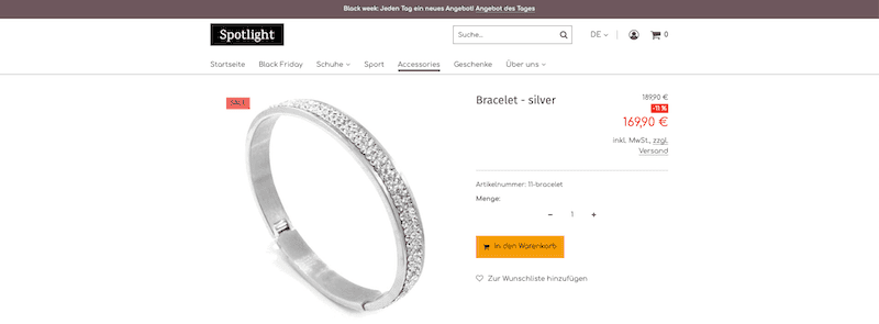 Produktdetailseite aus Kundensicht, die einen Artikel zeigt, dessen Produktbild mit einer roten "Sale"-Markierung versehen ist.