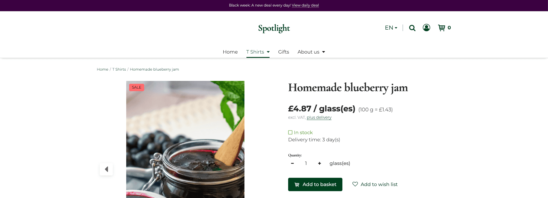 Product detail page from the customer's perspective, showing an item with a red "Sale" label on the product image.