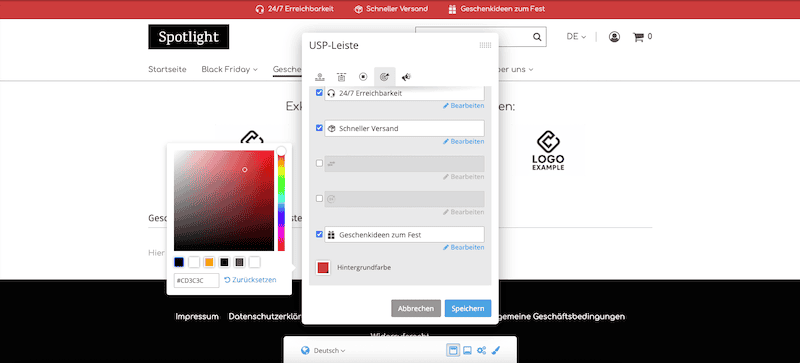 Ansicht des Editors mit geöffneten Einstellungen für den Header-Bereich (die in der Fußzeile zu finden sind), Tab "USP-Leiste" ist ausgewählt. Einige USPs wurden ausgewählt und sind oben im Shop in der USP-Leiste zu sehen. Die Einstellungen für die Hintergrundfarbe der USP-Leiste sind geöffnet (ein Popover neben dem Einstellungsfenster) und zeigen eine Farbauswahl. Ein Dunkelrot ist ausgewählt.