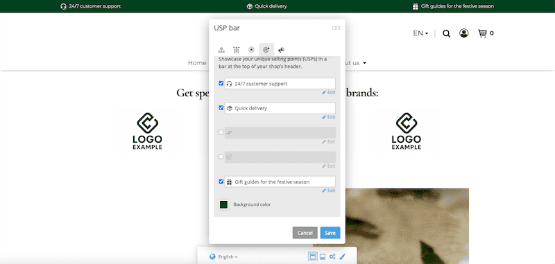 View of the editor with the settings for the header area (can be found in the footer) opened, the "USP bar" tab selected. Some USPs have been selected and can be seen at the top of the shop in the USP bar. The settings for the background colour of the USP bar are open (a popover next to the settings window) and show a colour selection. A dark green is selected.